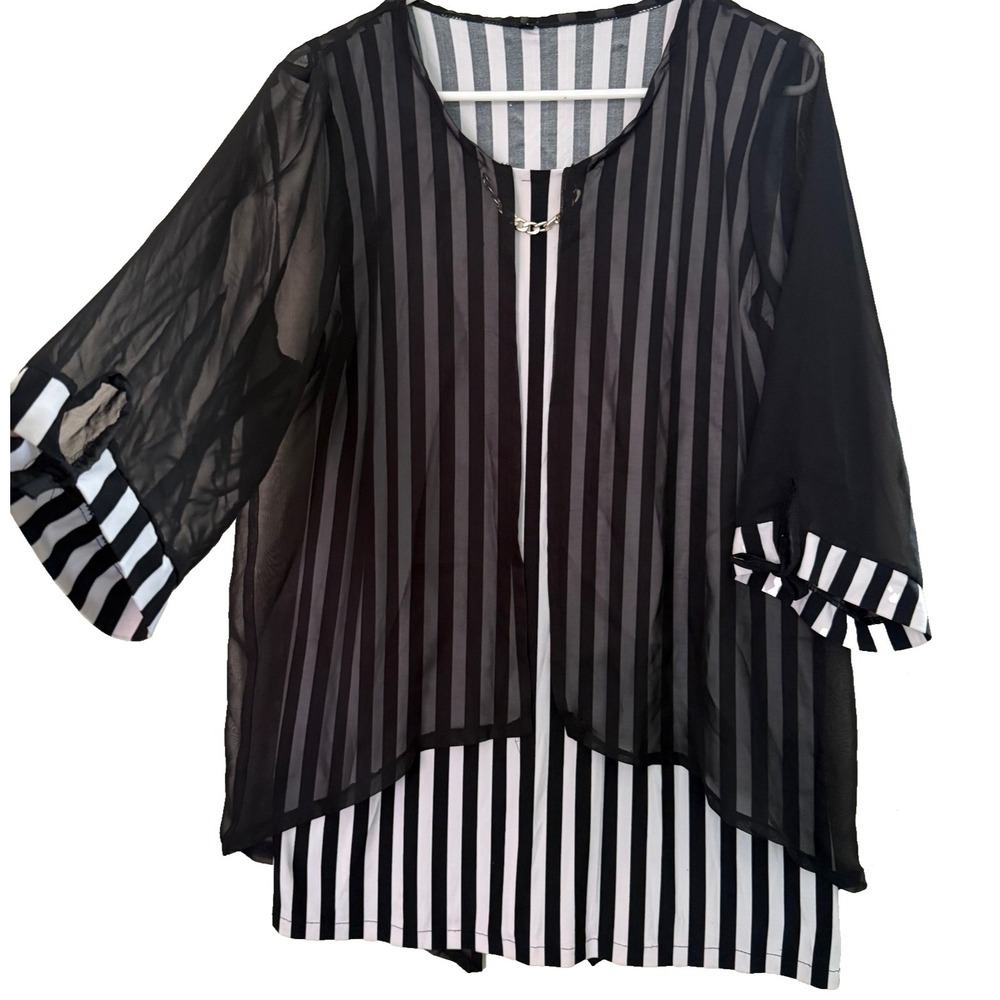 Sheer B/W Striped Layered Top M Split Back with Bow Asymmetric Wednesday Addams